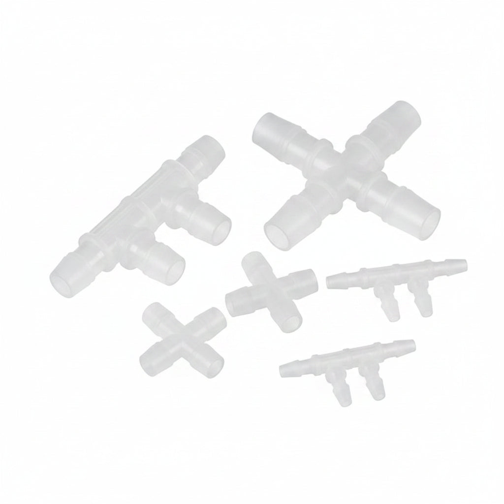 4-Way Plastic Hose Connector — Cross & Slant Equal Joint, OD 2.4mm–12.7mm