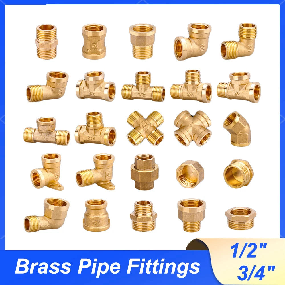 1/2" & 3/4" BSP Brass Pipe Fittings — Nipple, Elbow, Tee, Cross, Union, Plug & Bushing