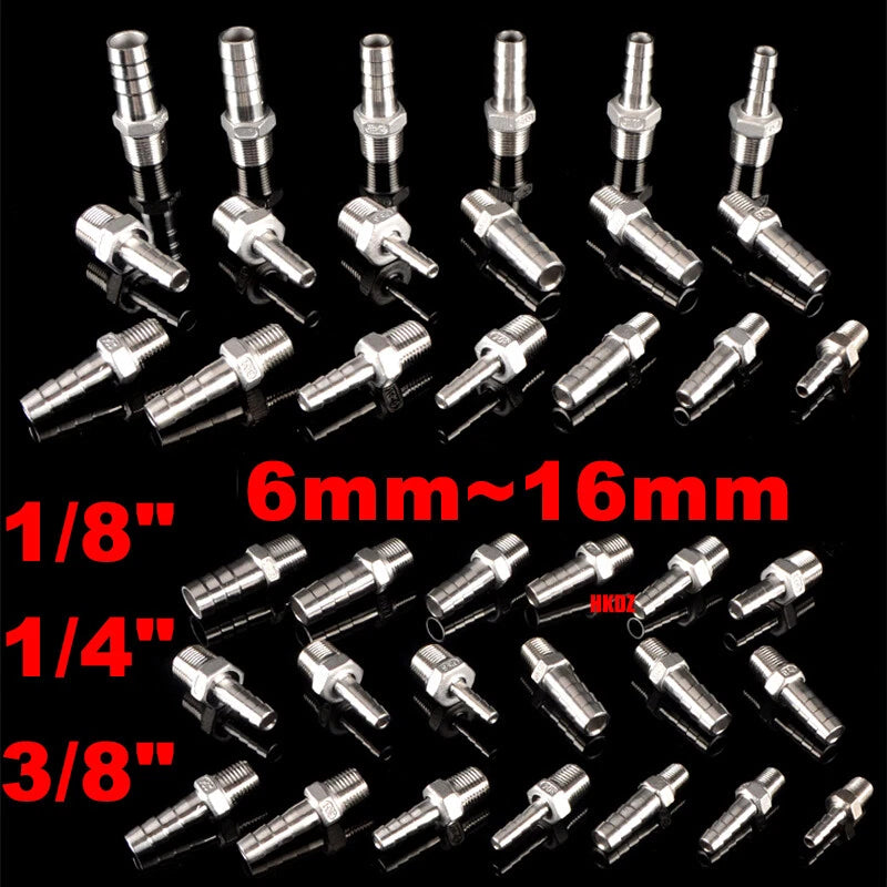 304 Stainless Steel Male Thread Barb Hose Tail Connector | 1/8" to 3/8" NPT