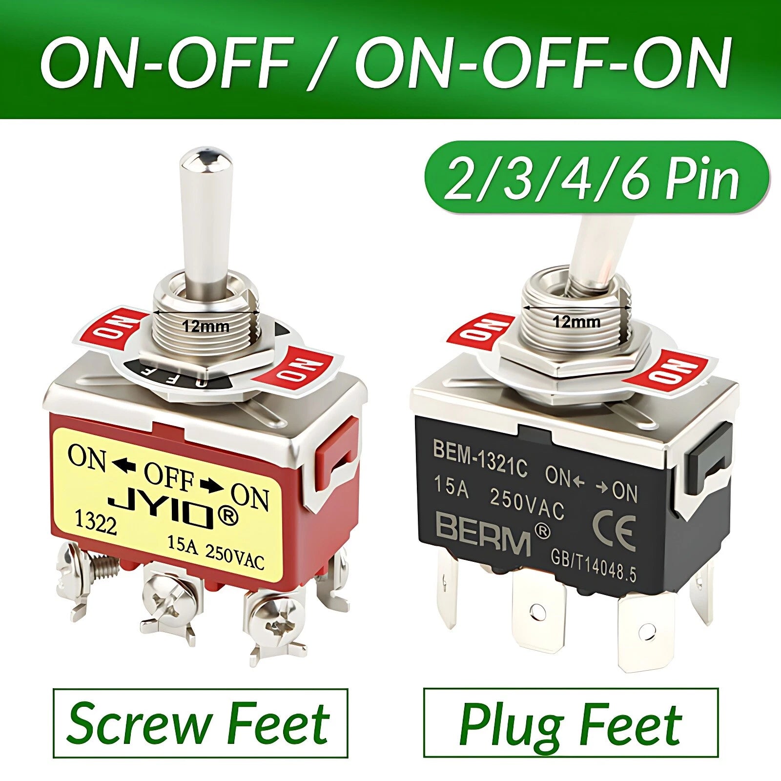 Heavy Duty Metal Toggle Switch – 15A 250VAC, 2/3/4/6 Pin, ON-OFF & ON-OFF-ON