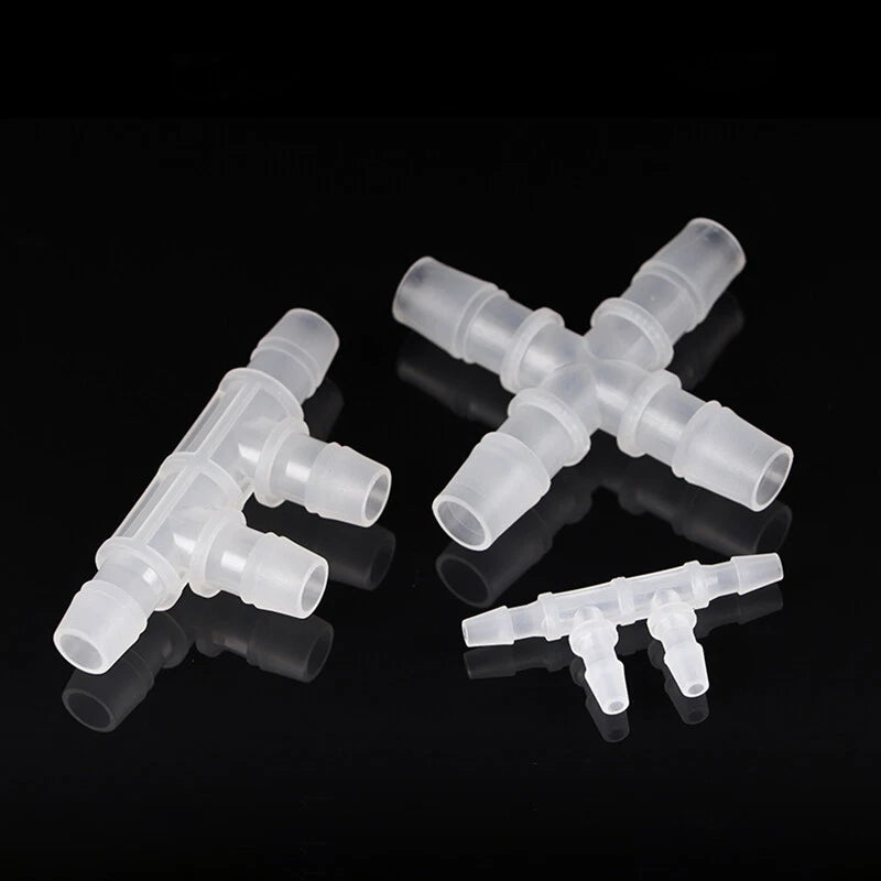 4-Way Plastic Hose Connector — Cross & Slant Equal Joint, OD 2.4mm–12.7mm