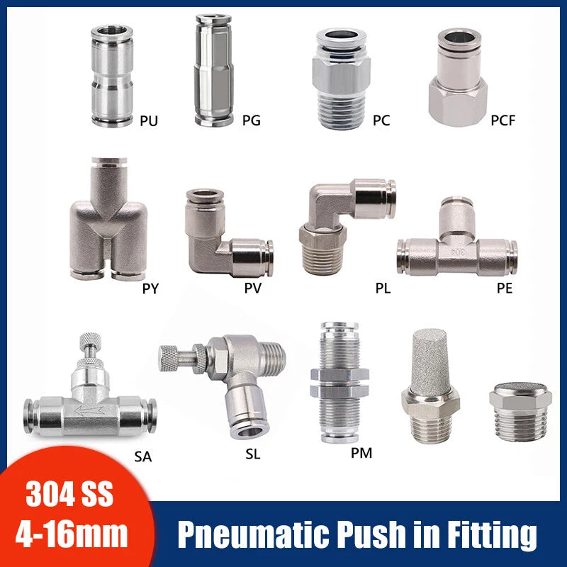 Stainless Steel Pneumatic Push Fit Connector Elbow Tee Straight Air Hose Tube