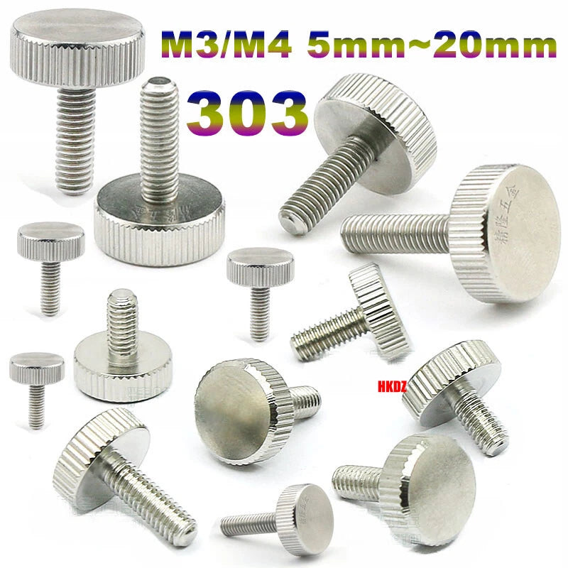 M3/M4 5mm to 20mm Flat Head Knurled Thumb Screws 303 Stainless Steel Hand Bolts