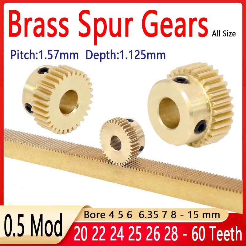 Mod 0.5 Brass Pinion Gear Spur Gears 20-60 Teeth 4-15mm Bore With Screw Hardened