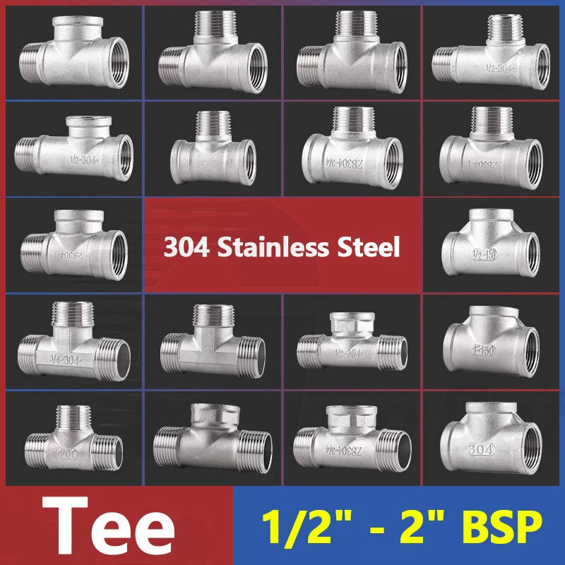 304 Stainless Steel BSP Tee Pipe Fitting — Male & Female Thread, 1/2" to 2"