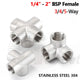 BSP Female Stainless Steel Pipe Fitting — 3/4/5-Way Adapter, 1/4" to 2"