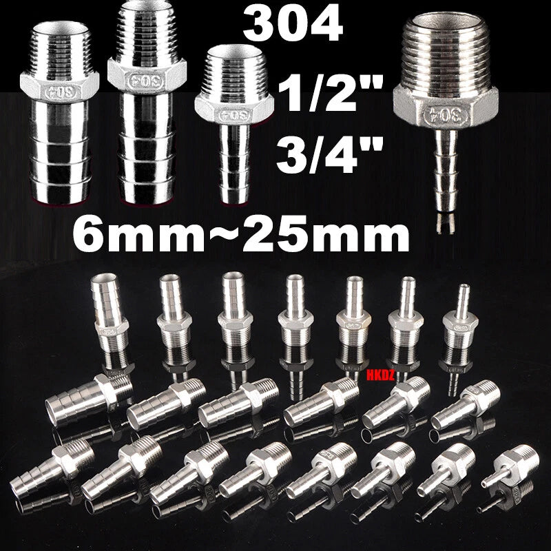 Stainless Steel 304 Barb Hose Tail Connector – 1/2" & 3/4" BSP Male Thread Hose Fittings