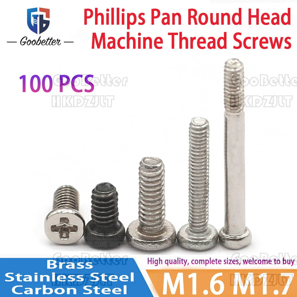 M1.6 & M1.7 Phillips Pan Round Head Machine Screws – Carbon Steel, Brass or Stainless, Lengths 1.5–22mm