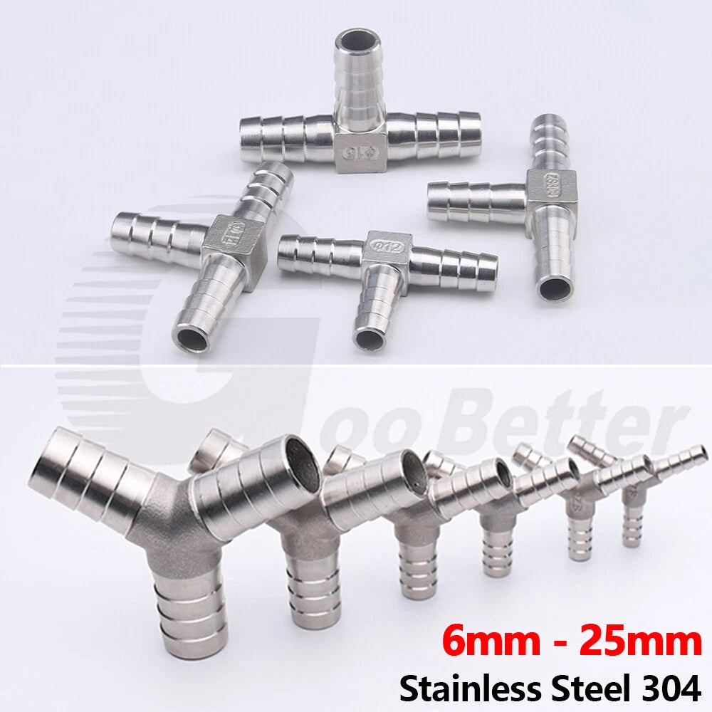 Stainless Steel Barbed Hose Connector — T-Piece & Y-Piece, 6mm–25mm
