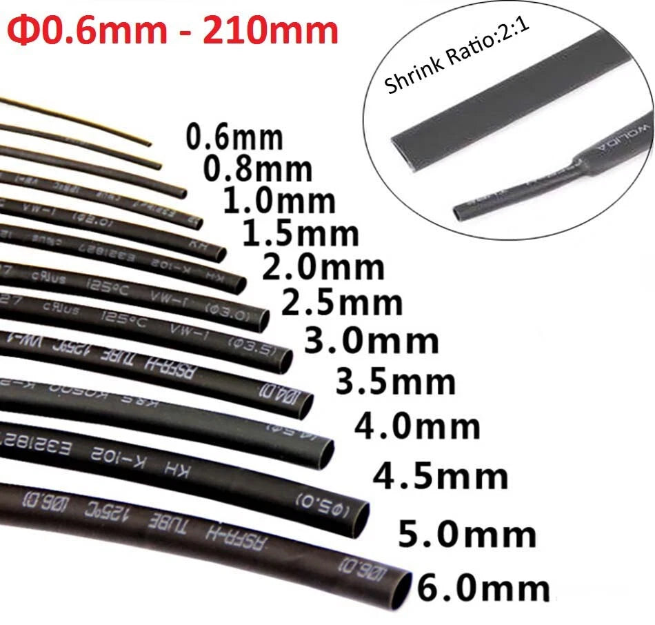 Black Heat Shrink Tube 2:1 — Electrical Wire Sleeving 0.6mm to 210mm