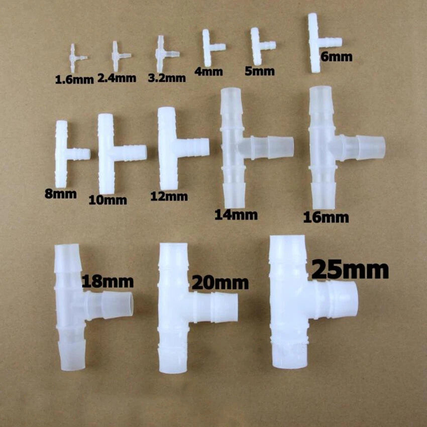 T-Shape 3-Way Barbed Hose Connector — Food Grade Plastic, Φ3.2mm to Φ25mm