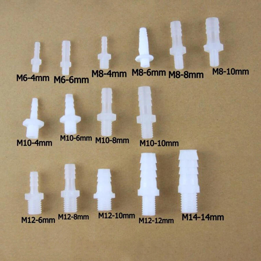 Male Thread Barbed Hose Connector — M6 to M14 × 4mm–14mm Barb | Aquarium Air Fuel Line Fitting