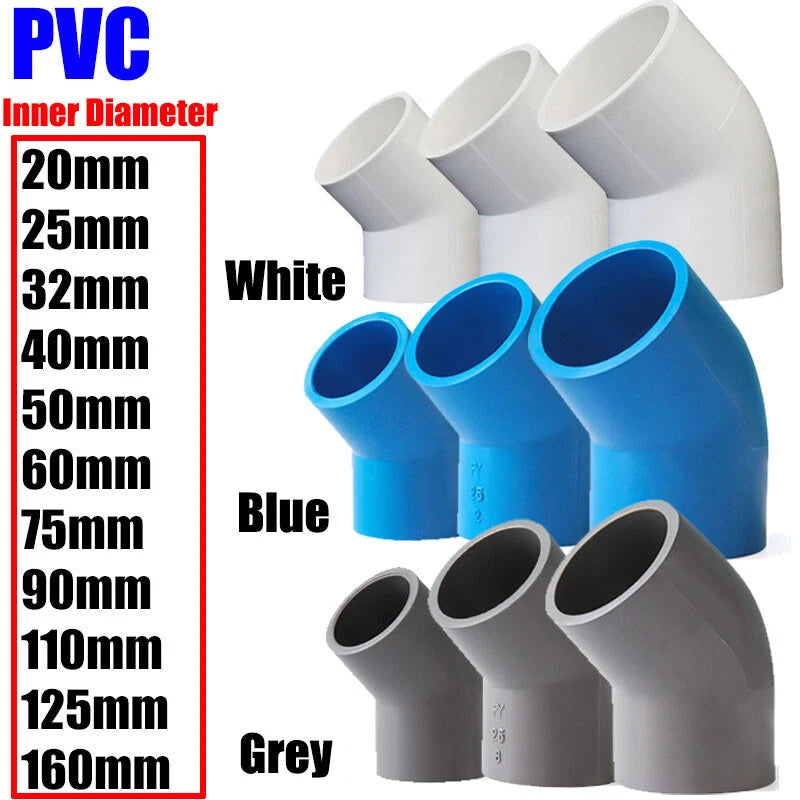 PVC Water Supply Pipe Fittings 45° Elbow Connector 20mm to 160mm White Blue Grey
