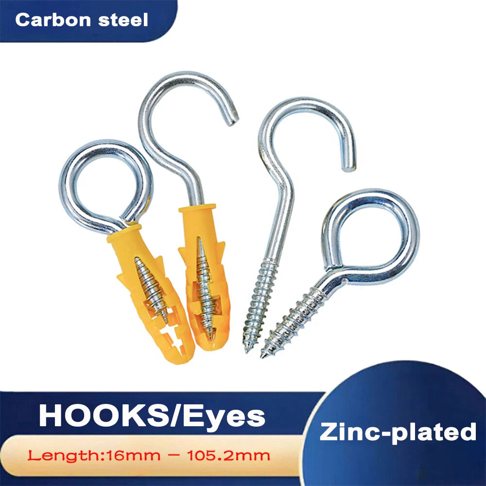 Zinc Screw Eyes & Hooks — Metric Wood Thread, 16–105mm, Hook & Eye with Optional Wall Plug