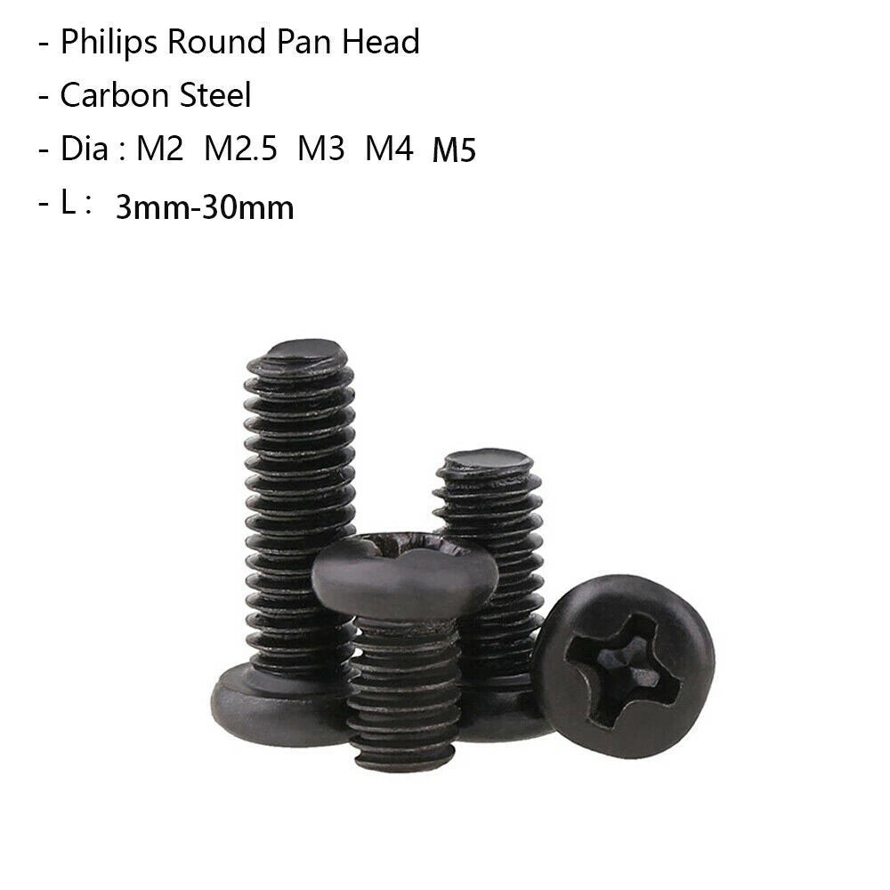 M2 M2.5 M3 M4 M5 Black Zinc Phillips Pan Head Machine Screws – Carbon Steel, 3–20mm