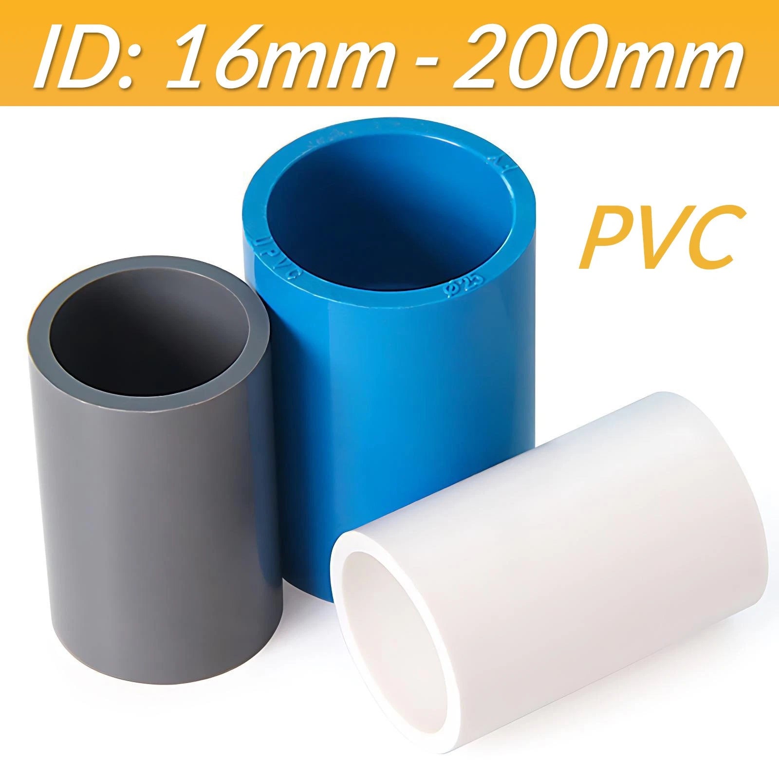 PVC Straight Pipe Coupling Socket — 16mm to 200mm, White / Blue / Grey