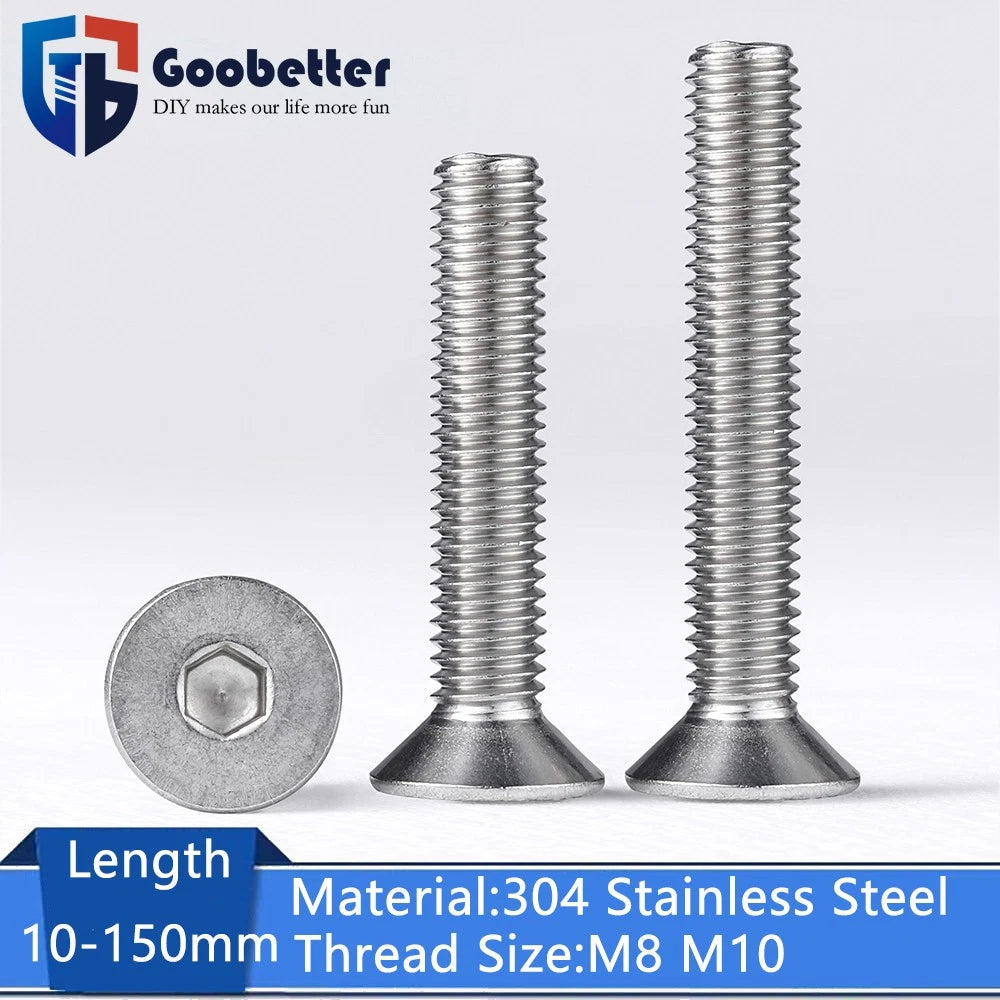 M8 M10 Countersunk Socket Head Screws – 304 Stainless Steel A2, Fully Threaded, 10–150mm