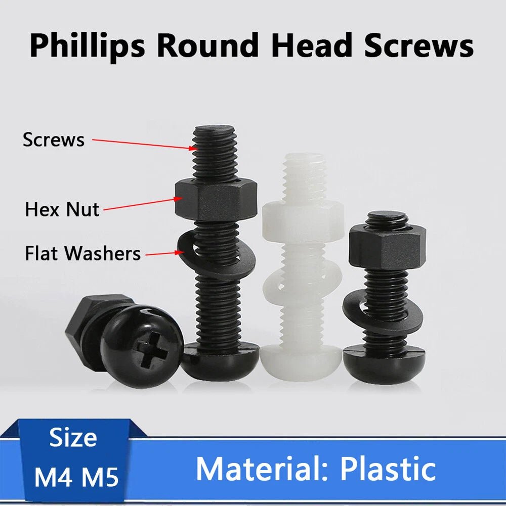M4 M5 Nylon Phillips Pan Head Machine Screws with Hex Nuts and Flat Washers – White & Black - HomeDIYer