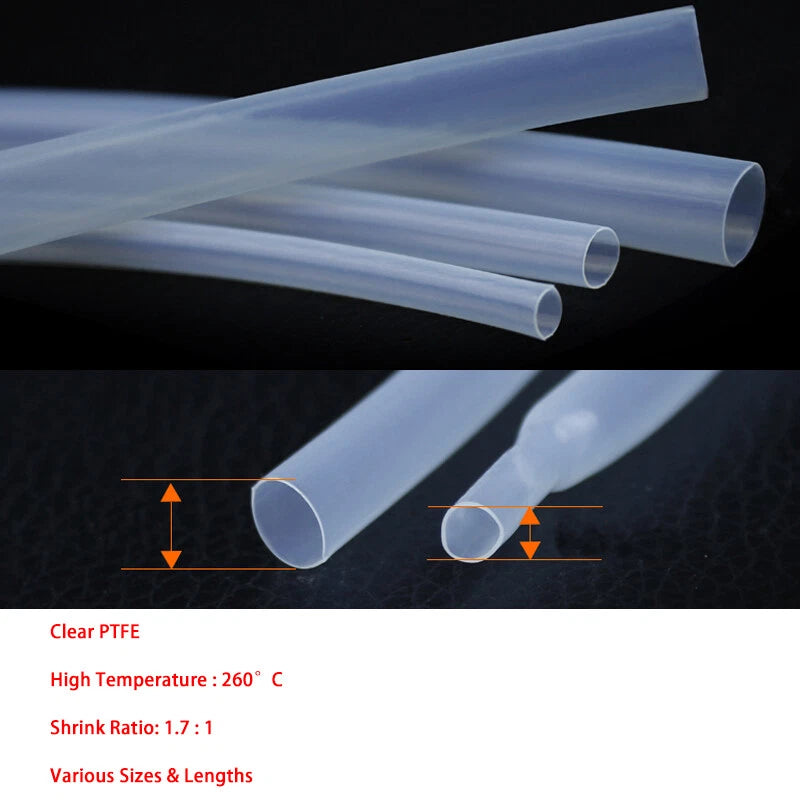Clear PTFE Heat Shrink Tubing 1.7:1 | 260°C High-Temp Sleeving — φ0.5mm to φ20mm