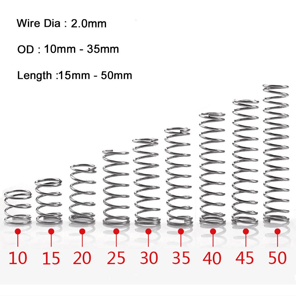 10Pcs Wire Dia 2.0mm 304 Stainless Steel Spring Compression Spring OD 10mm-35mm