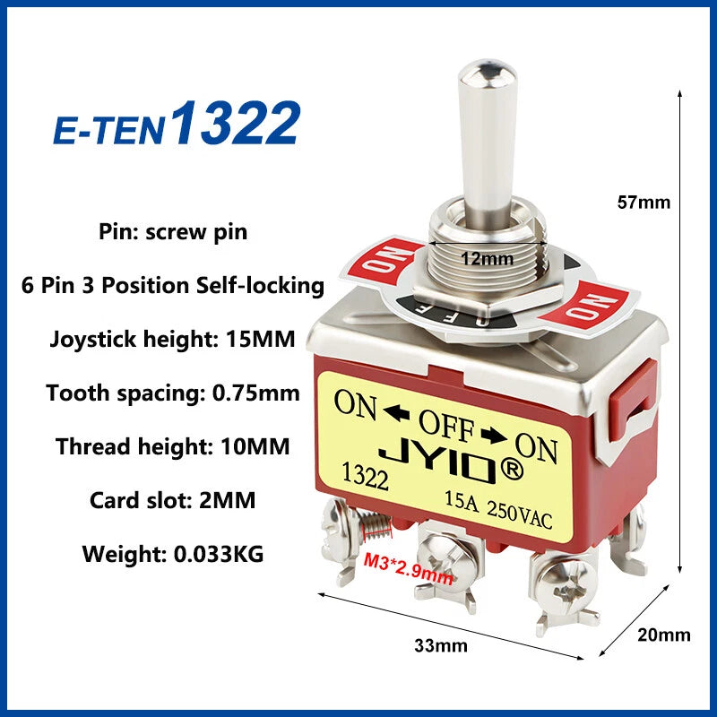 DPDT Toggle Switch On-Off-On 3 Position 6 Pin 15A 250VAC – E-TEN 1322