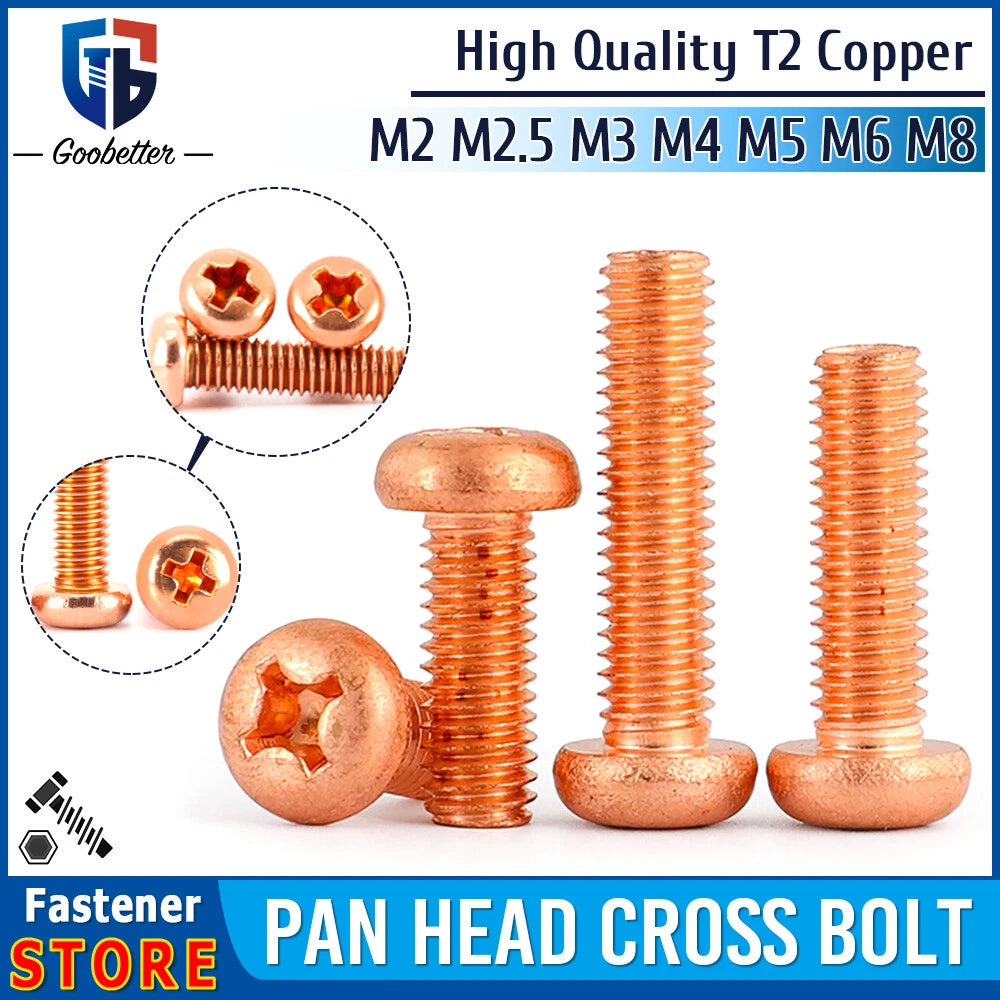 Copper Phillips Pan Head Machine Screws — M2 to M8, Multiple Lengths