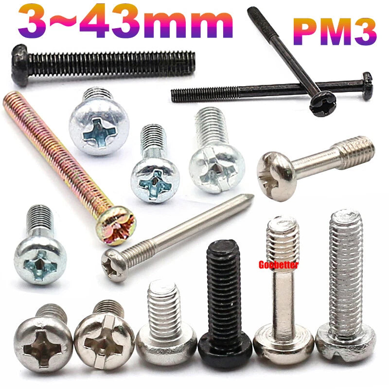 M3 Phillips Pan Head Machine Screws – 3mm to 43mm, Multiple Coatings (100–500 PCS)