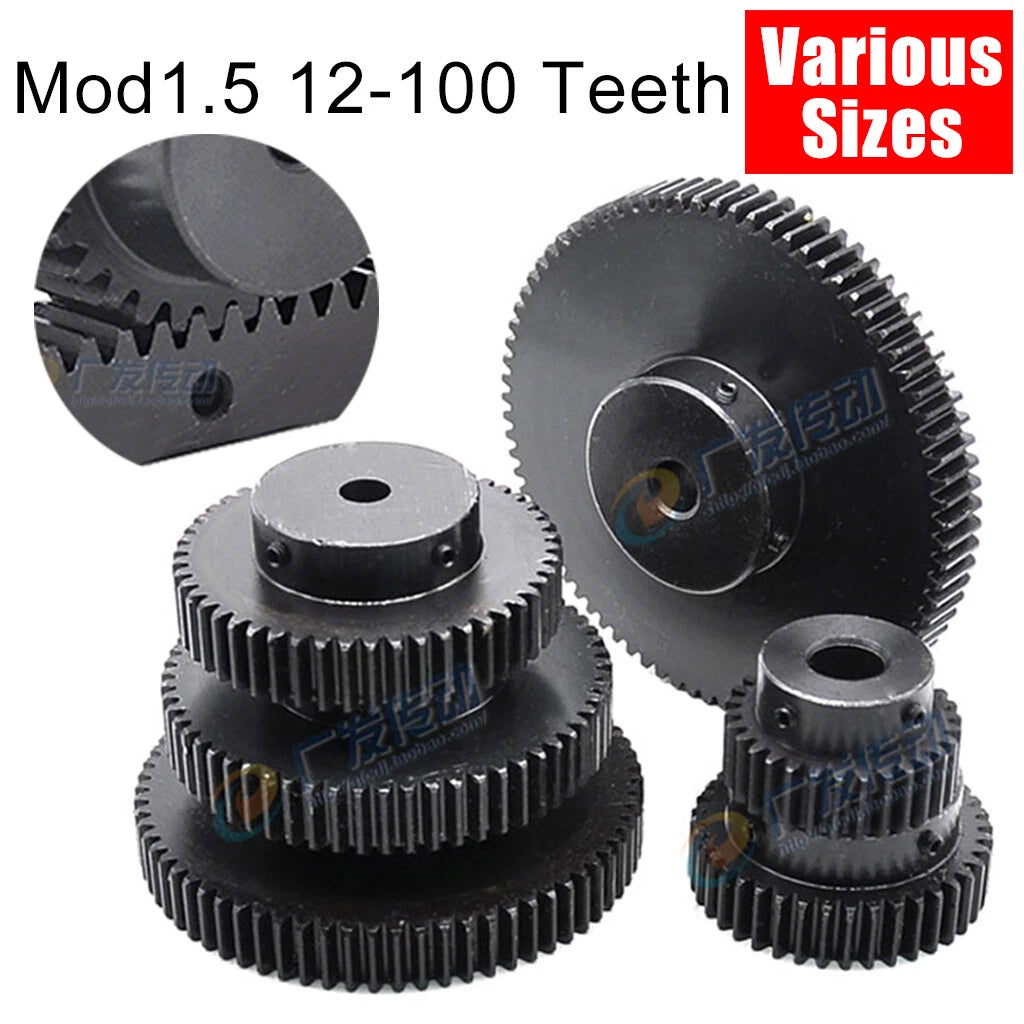 Mod1.5 Steel Pinion Gear Spur Gear 12-100 Teeth 4-25mm Bore With Screw Blackened