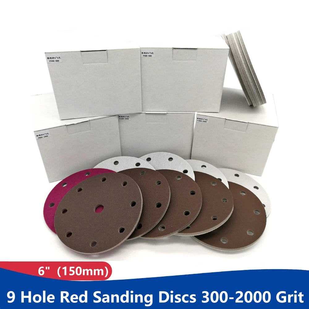 6"（150mm）Hook & Loop Sponge Sandpaper 9 Hole Red Sanding Discs 300 - 2000 Grit