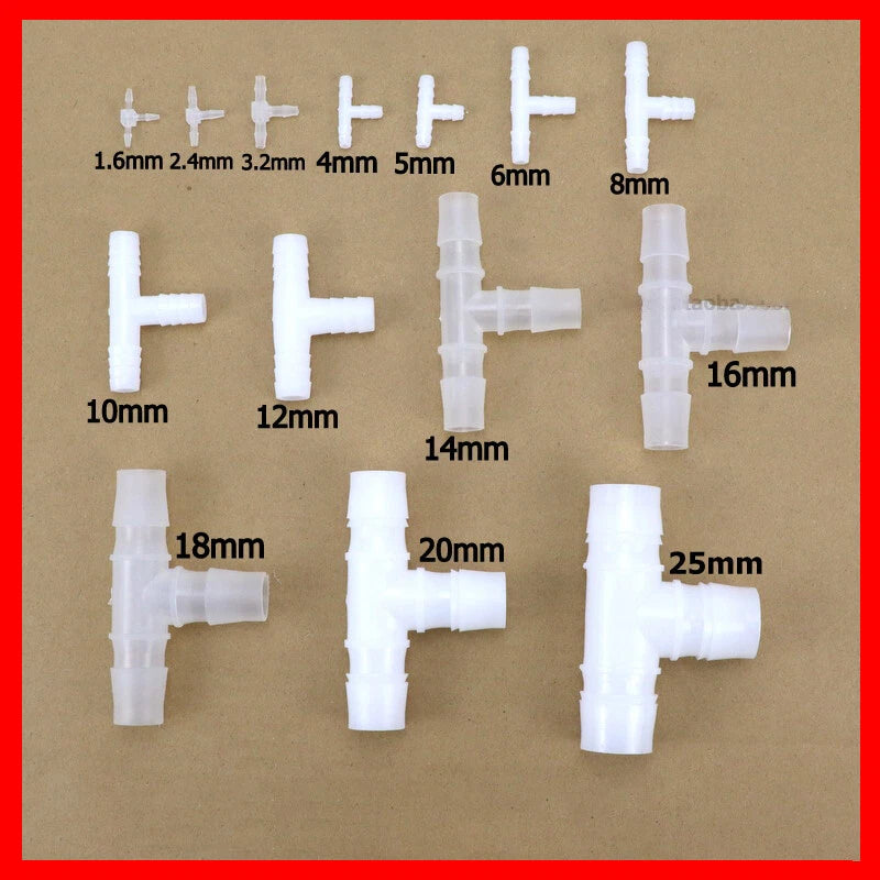 Plastic Equal Tee Barbed Hose Connector — T Piece Pipe Joiner 1.6mm–25mm