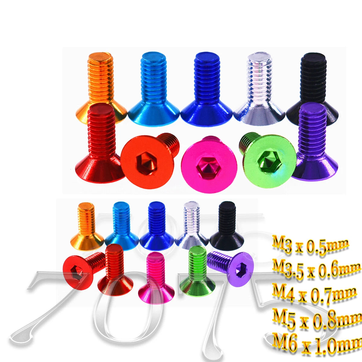 M3–M6 Aluminum 7075 Flat Head Allen Bolts – Color Anodized, 10mm Length, Fully Threaded