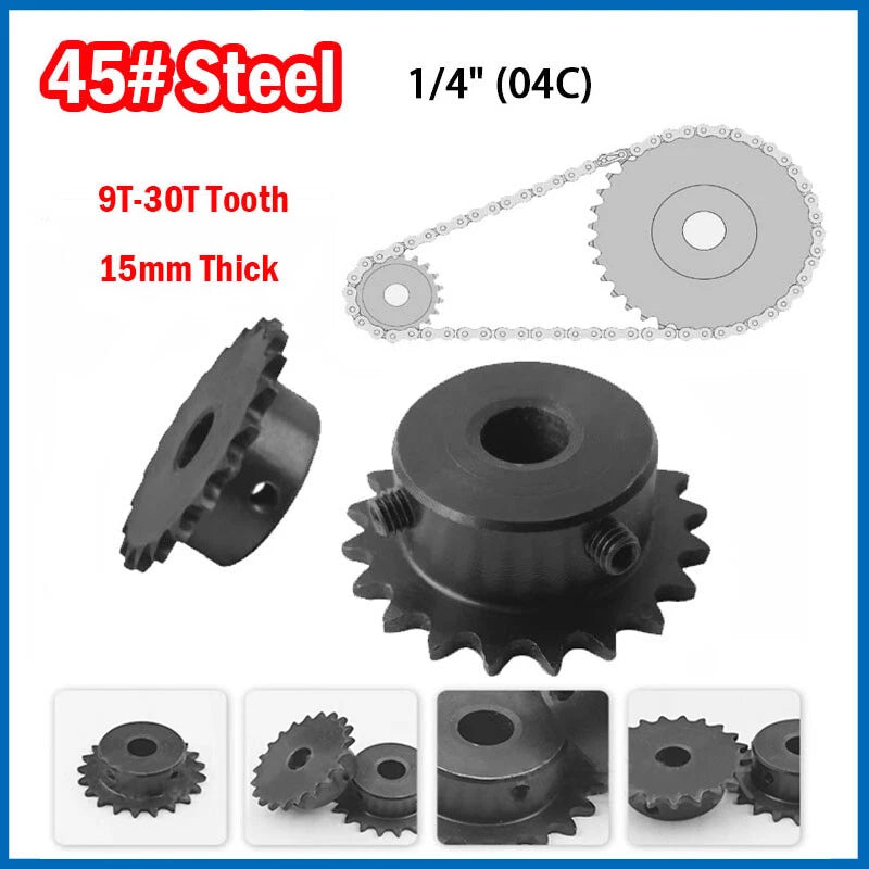 1/4" (04C) 25H Roller Chain Sprocket 45# Steel 9T-30T Tooth 15mm Thick
