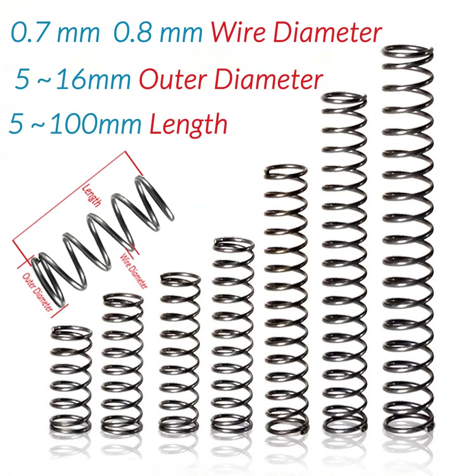 10pcs Wire Dia.0.7mm 0.8mm OD 5mm-16mm Small Springs Compression Spring Steel