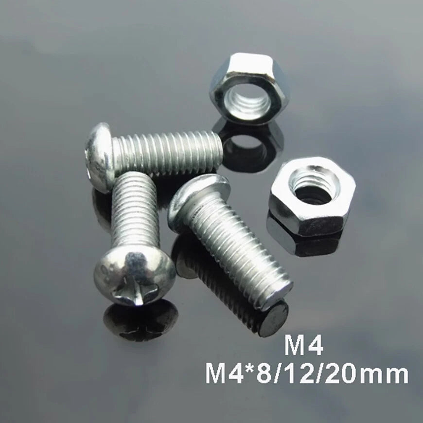 M4 Phillips Pan Head Machine Screws with Hex Nuts – Zinc Plated Steel, 8/12/20mm Lengths