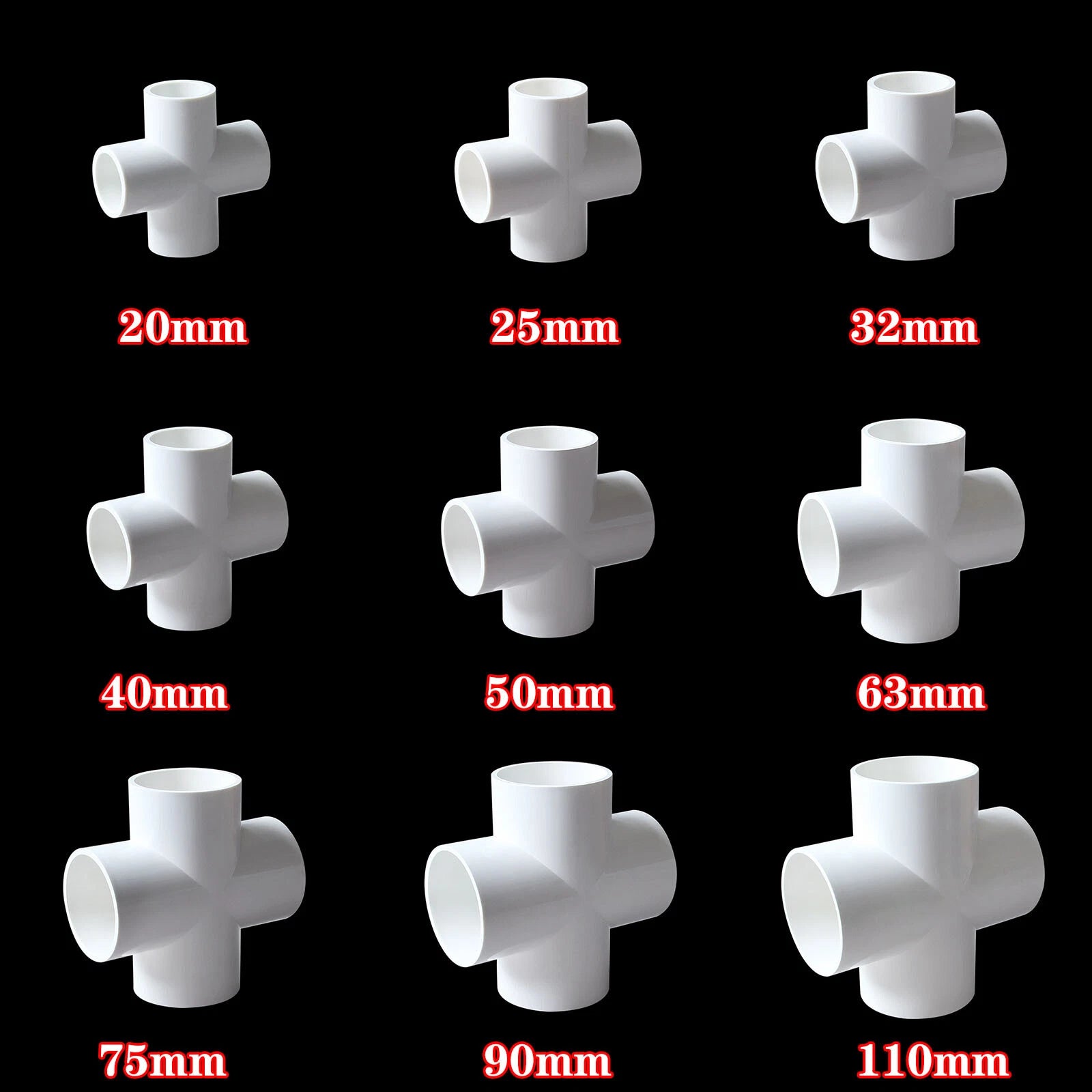 PVC Cross 4-Way Solvent Weld Pipe Fittings 20-160mm Fish Pond Industrial White
