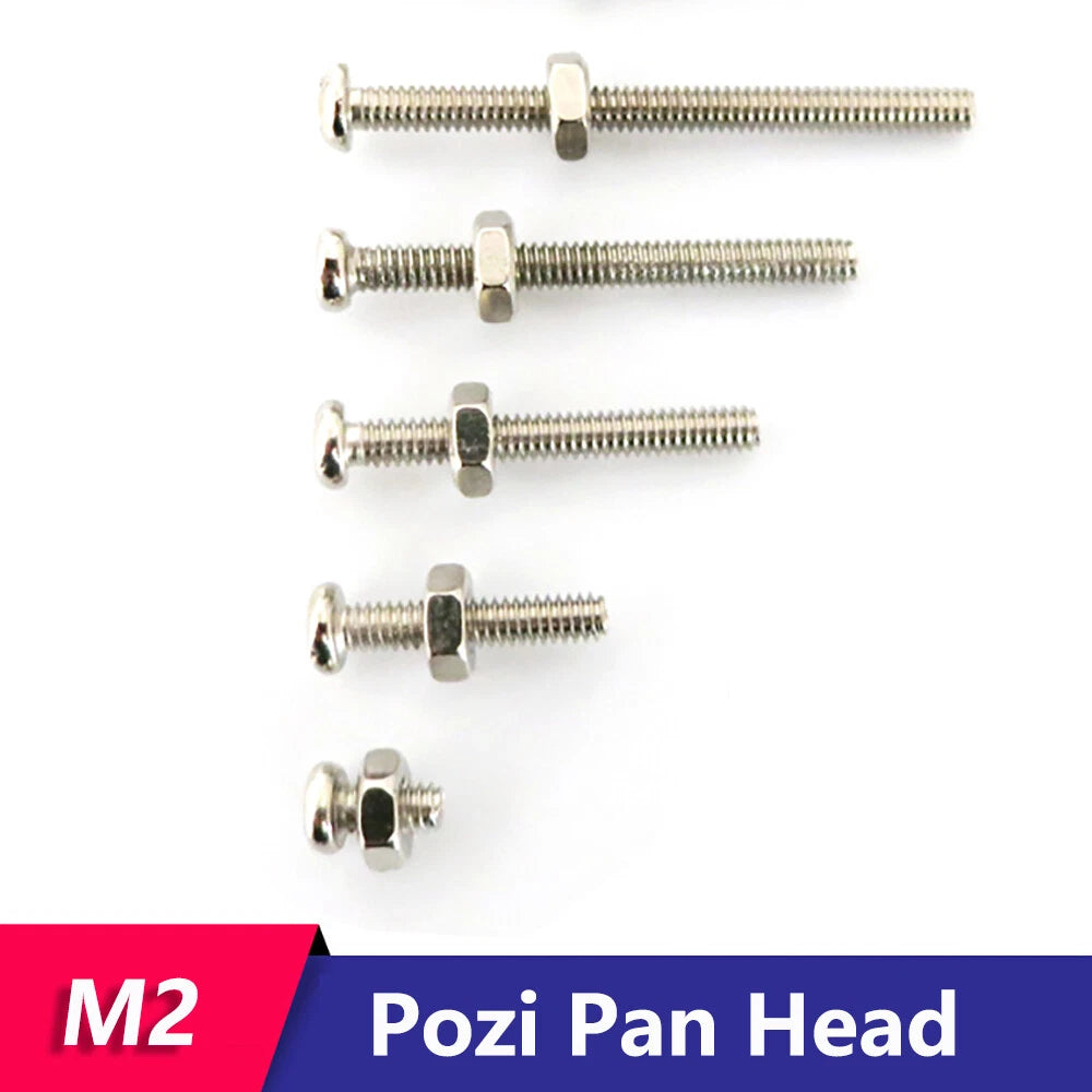 M2 Pozi Pan Head Machine Screws with Flat & Spring Washers – Iron, 4–30mm