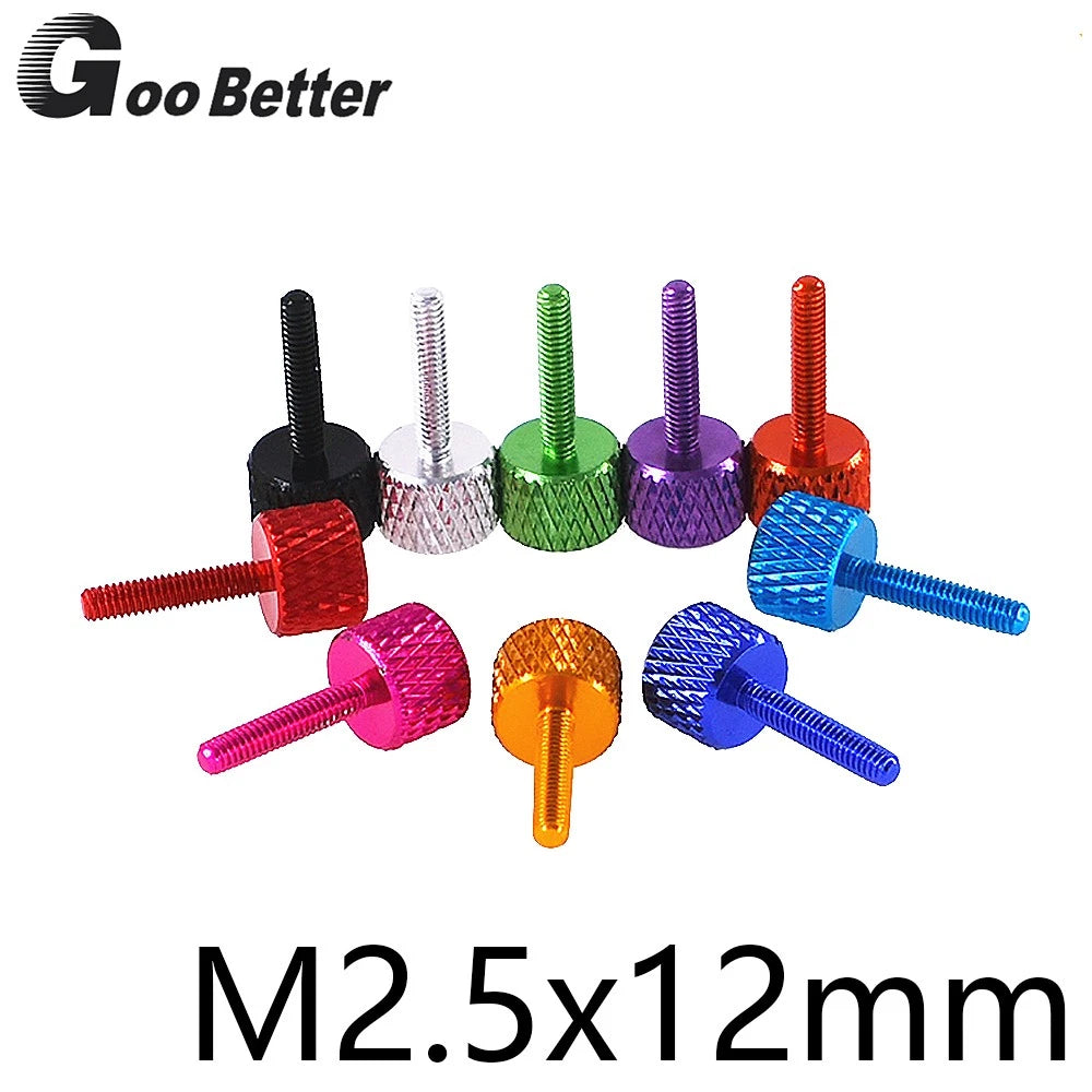 M2.5x12mm Aluminum Thumb Screws for PC Case — Knurled, Colored, Flat Head