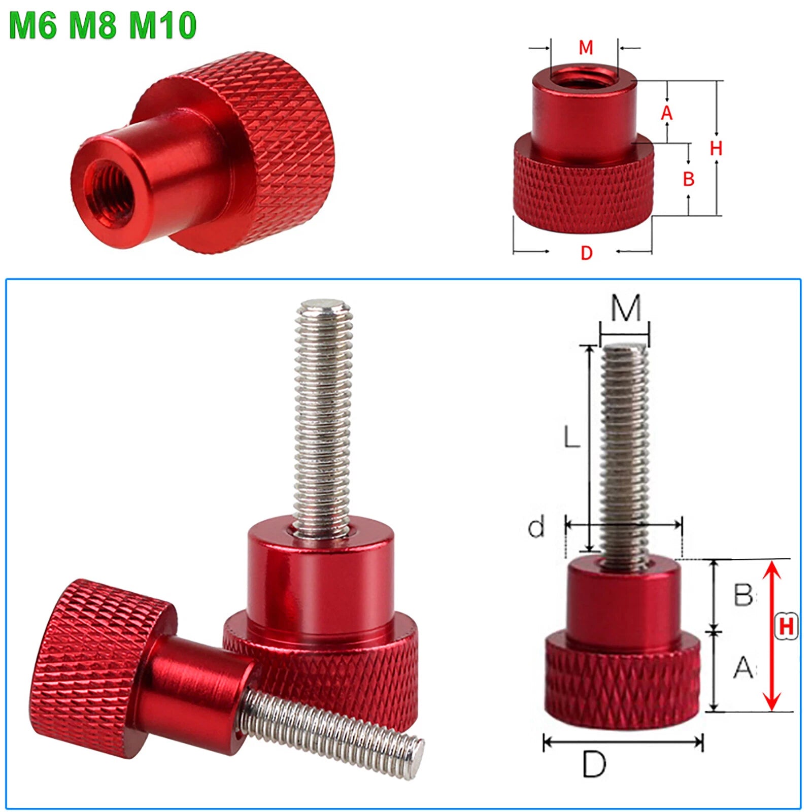 M6/8/10 Knurled Thumb Screws /Nut Red Hand Grip Knob Bolt SS + Alu For Camera PC