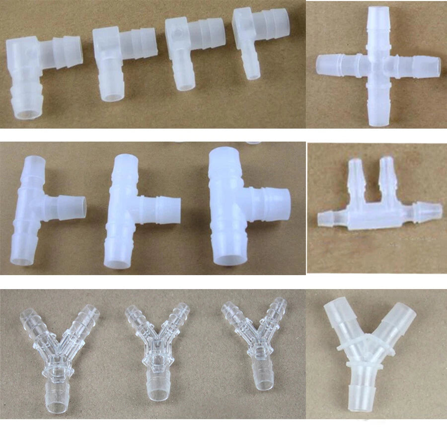 Plastic Barbed Hose Connectors — Elbow, T-Tee, Y-Tee & Cross Fittings for Aquarium & Washer Lines
