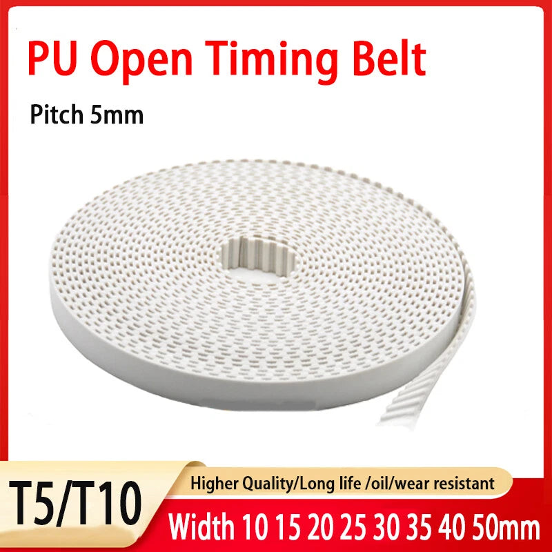 Open Timing Belt T5 T10 AT5 AT10 — PU Trapezoidal Tooth, 10–50mm Wide, Cut to Length