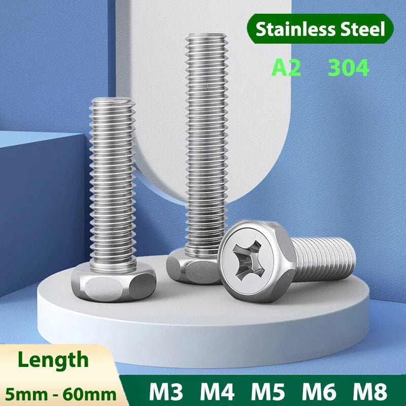 A2 Stainless Steel Hex Head Machine Screws – M3 M4 M5 M6 M8, Fully Threaded (304 Grade) - HomeDIYer