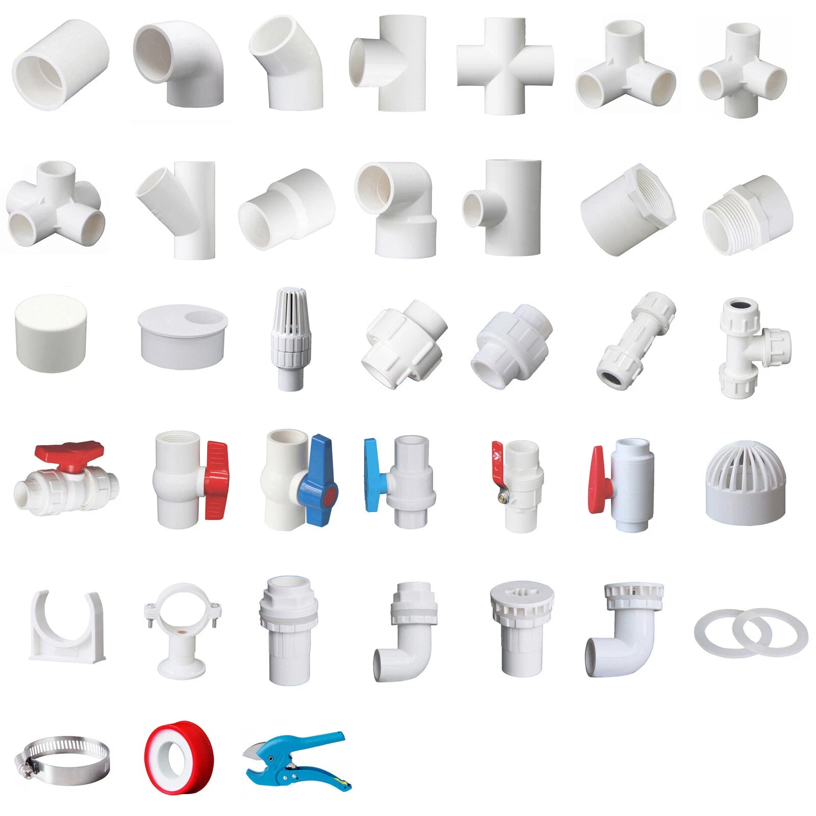White PVC 40mm ID Pressure Pipe Fittings Metric Solvent Weld Various Parts