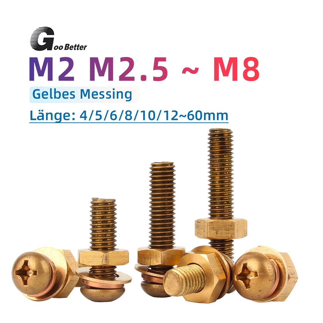 M3 M4 M5 M6 M8 Brass Phillips Pan Head Machine Screws with Hex Nuts & Washers