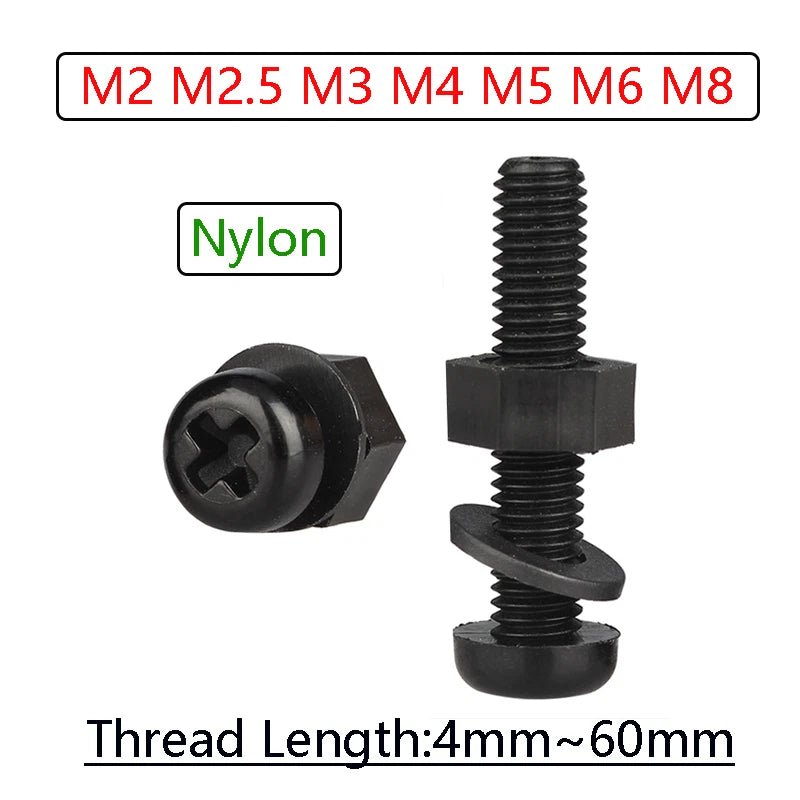 Black Nylon Phillips Machine Screws with Nuts & Washers — Metric M2 to M8 - HomeDIYer