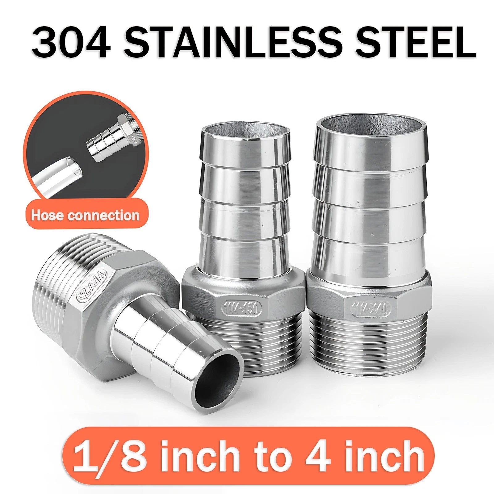 BSP Male Taper Thread x Hose Tail Adapter Fittings — Stainless Steel 304