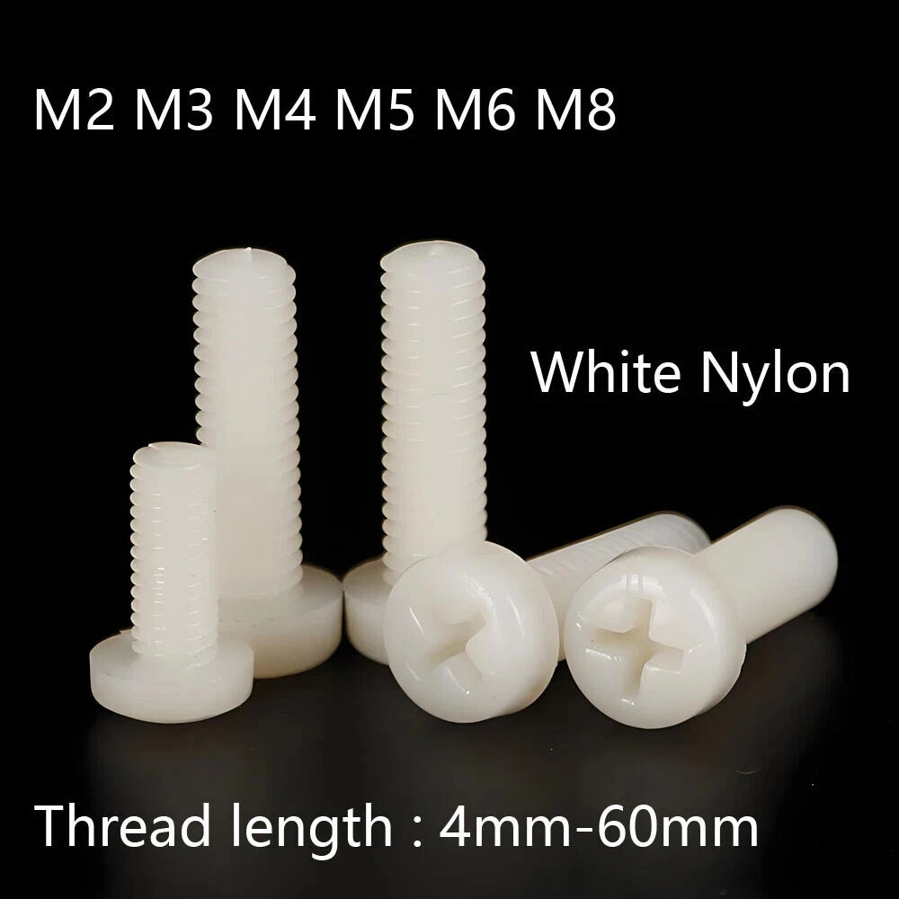 White Nylon Phillips Pan Head Machine Screws – M2 to M8, Non‑Conductive & Corrosion‑Free (PA66)