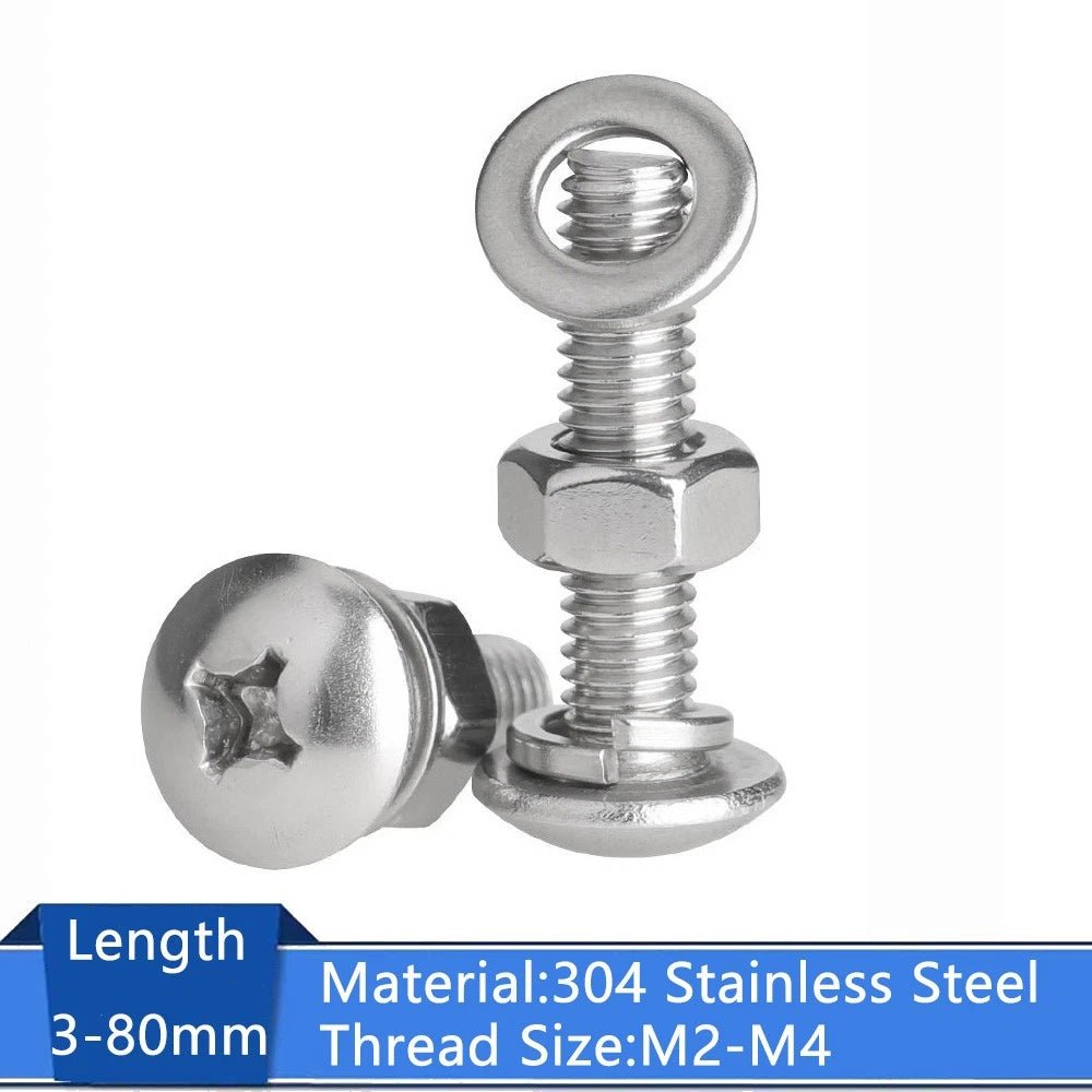 M2–M4 Phillips Truss Head Machine Screws with Hex Nuts & Washers – A2 Stainless Steel - HomeDIYer