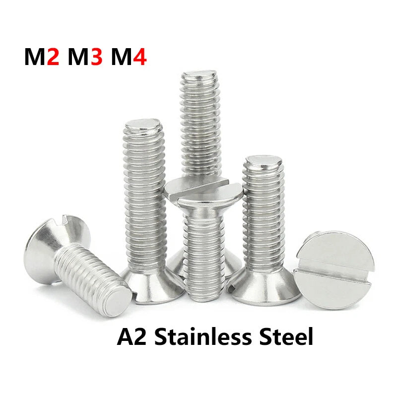 M2 M2.5 M3 M4 Slotted Countersunk Machine Screws — A2 Stainless Steel