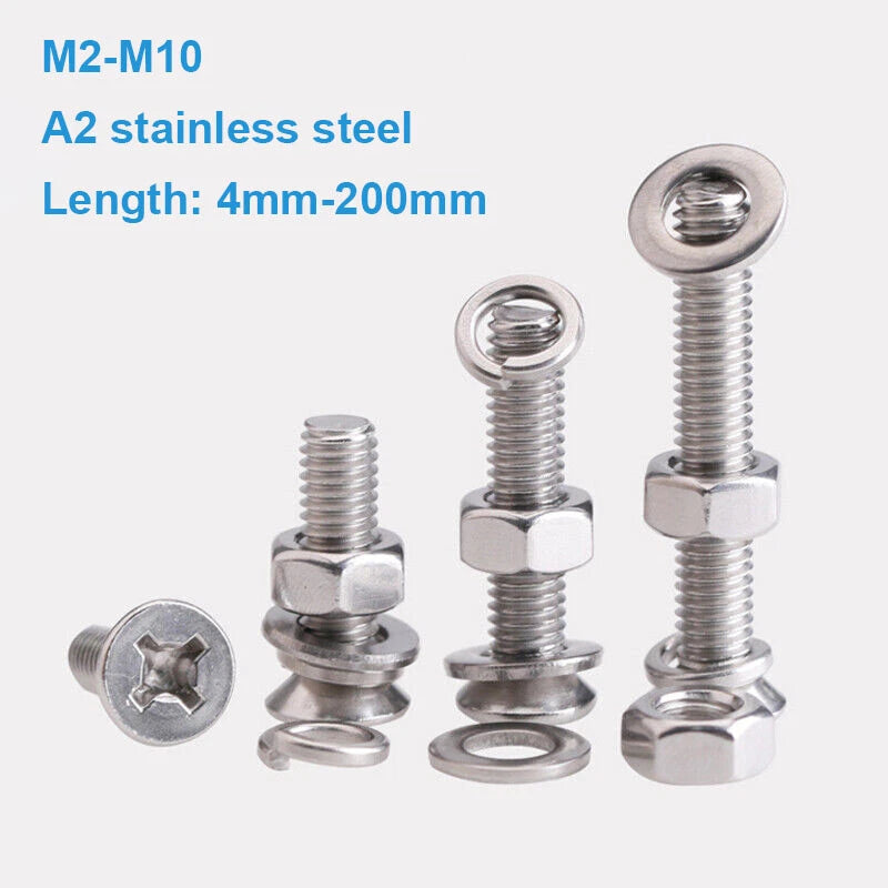 Phillips Machine Screws Countersunk Flat Head Bolts+Nuts Washers A2 Stainless