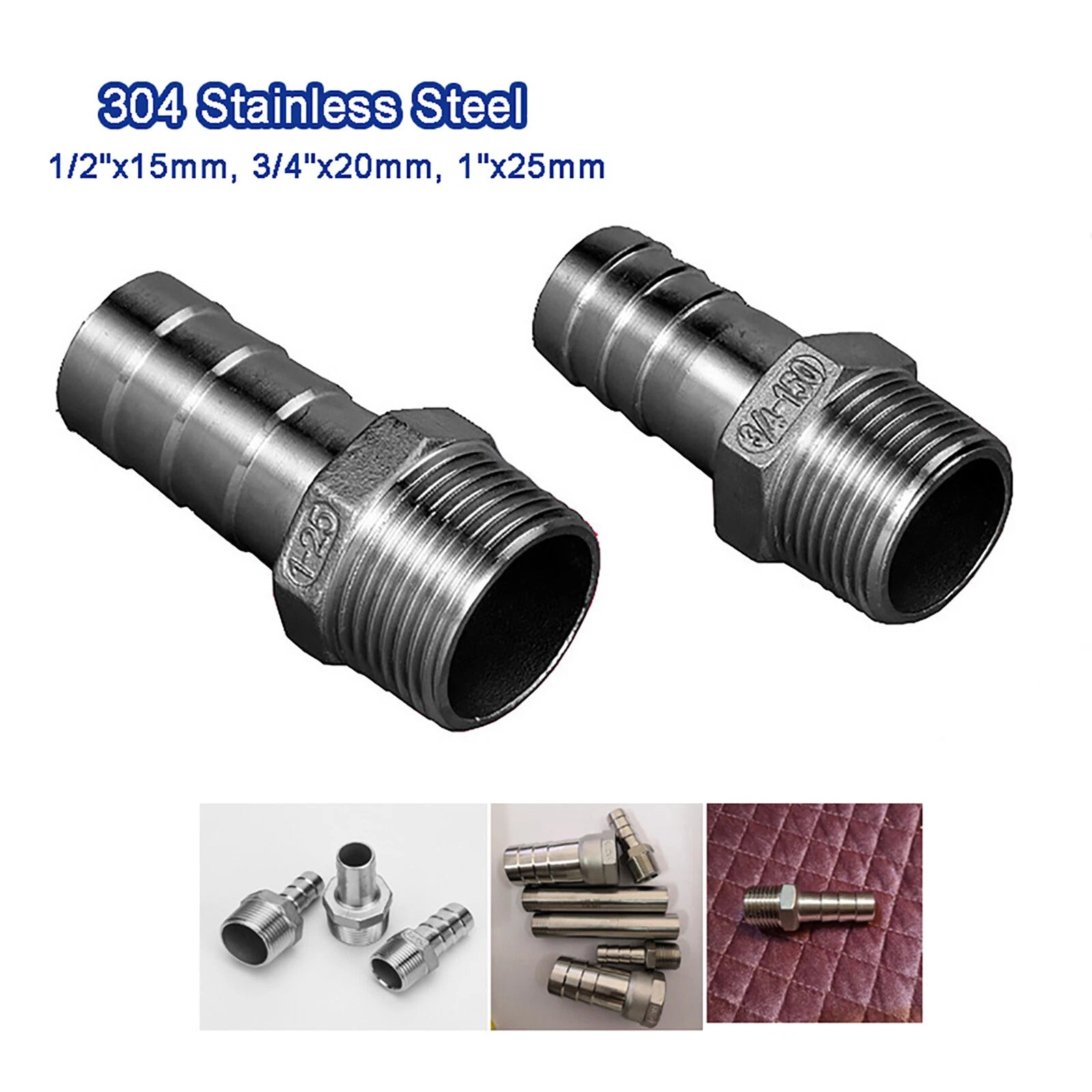 304 Stainless Steel Male BSP Barb Hose Tail Connector — 1/2", 3/4", 1" Pipe Fitting